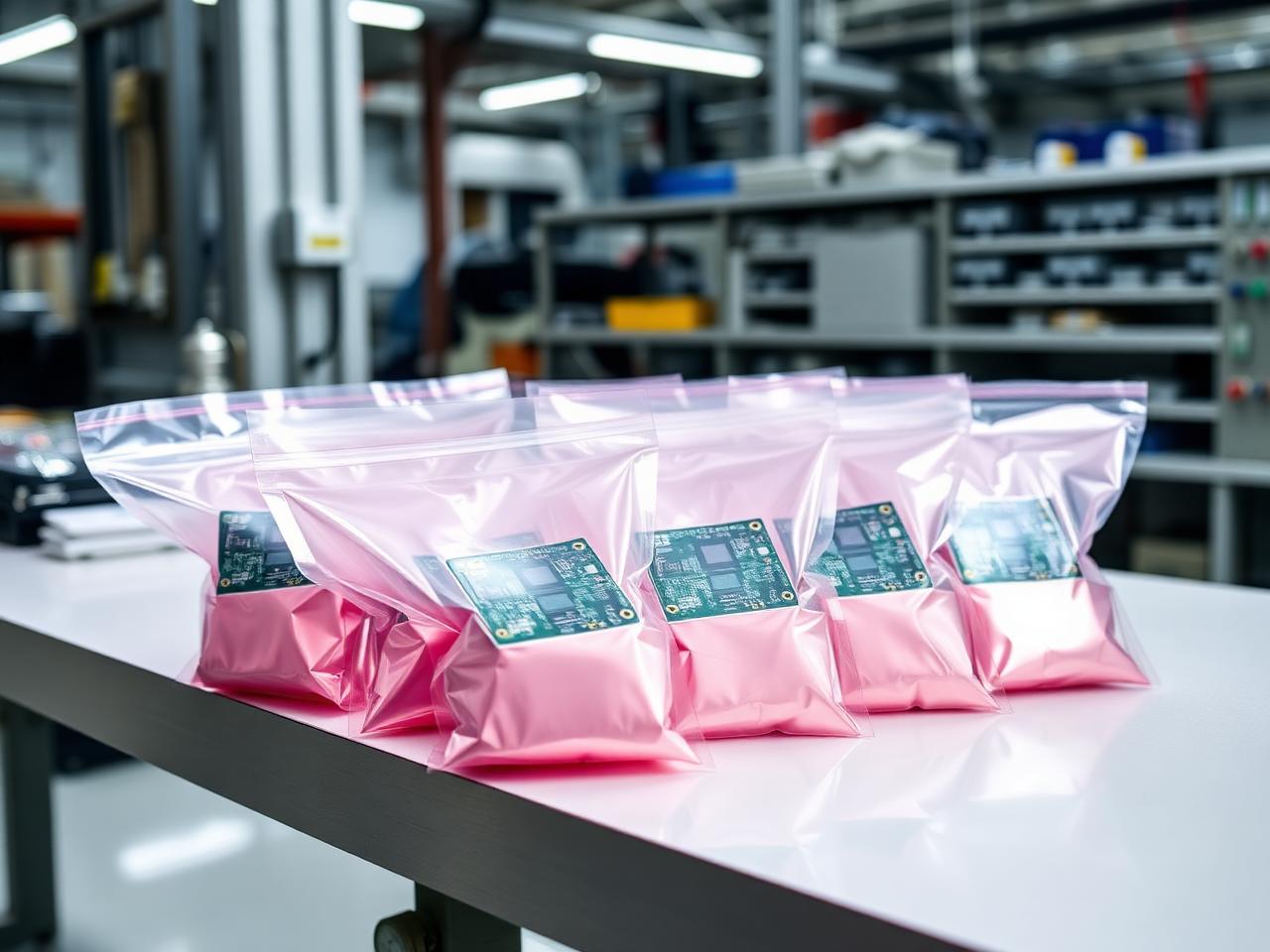 ESD-Schutzbeutel mit Leiterplatten auf Werkbank