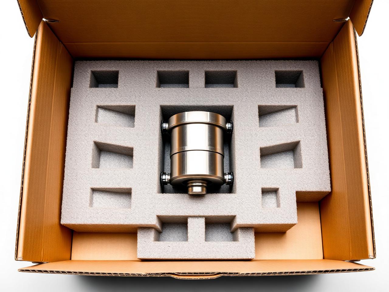 Fixierverpackung mit Schaumeinleger für ein Metallbauteil